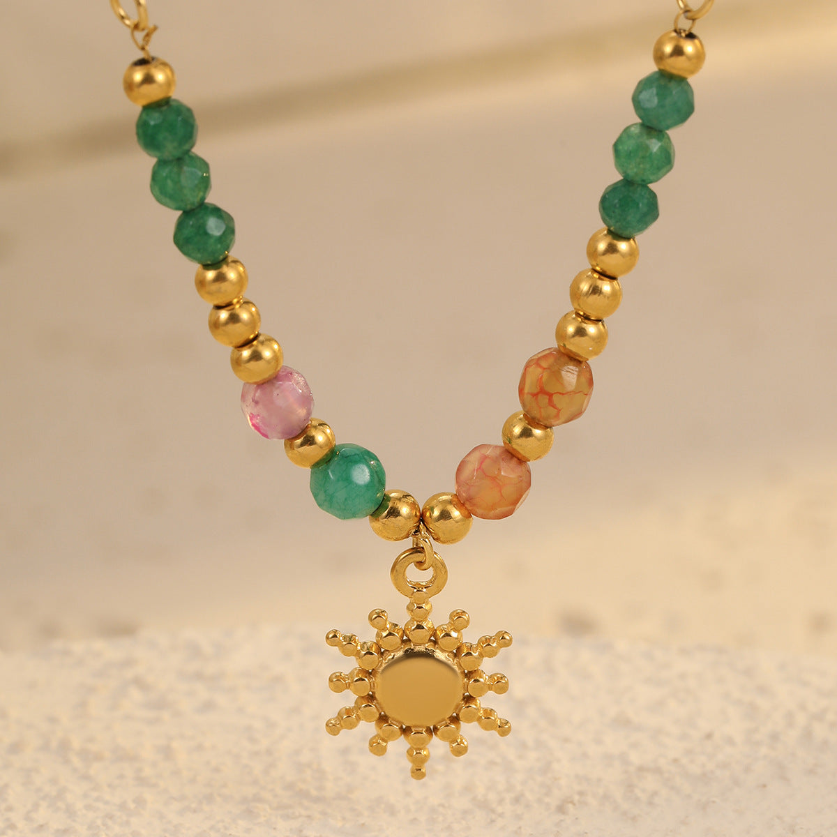 Titanium Steel Sun Cross Pendant Beaded Necklace