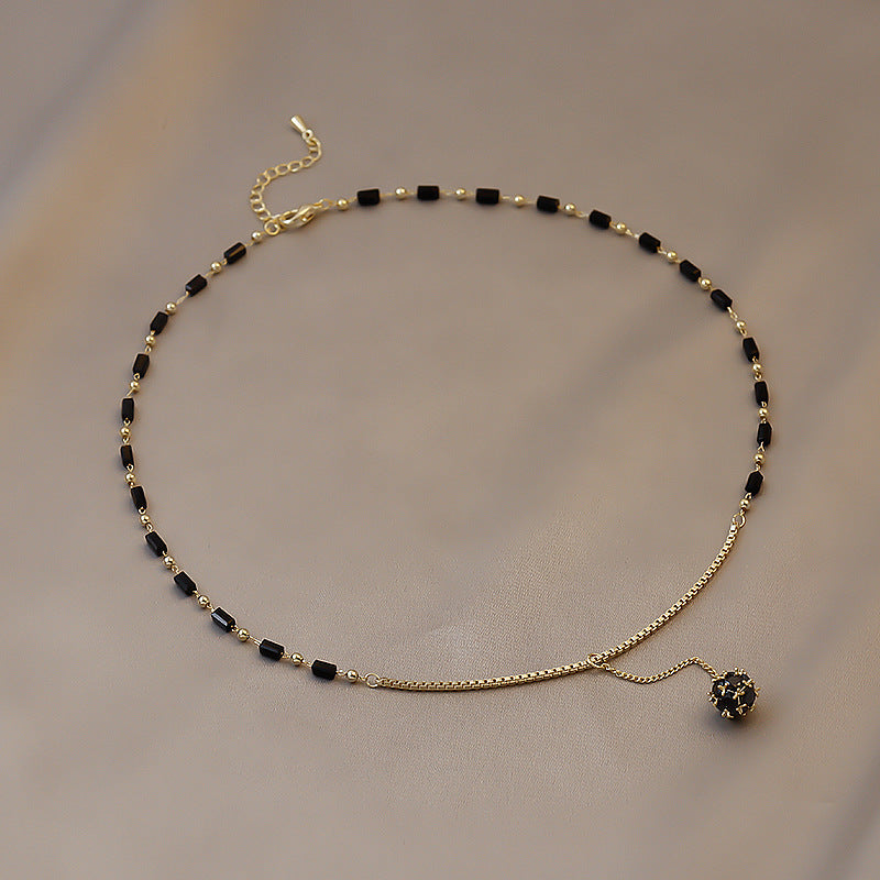 Geometric Black Crystal Round Rhinestone Ball Pendant Necklace