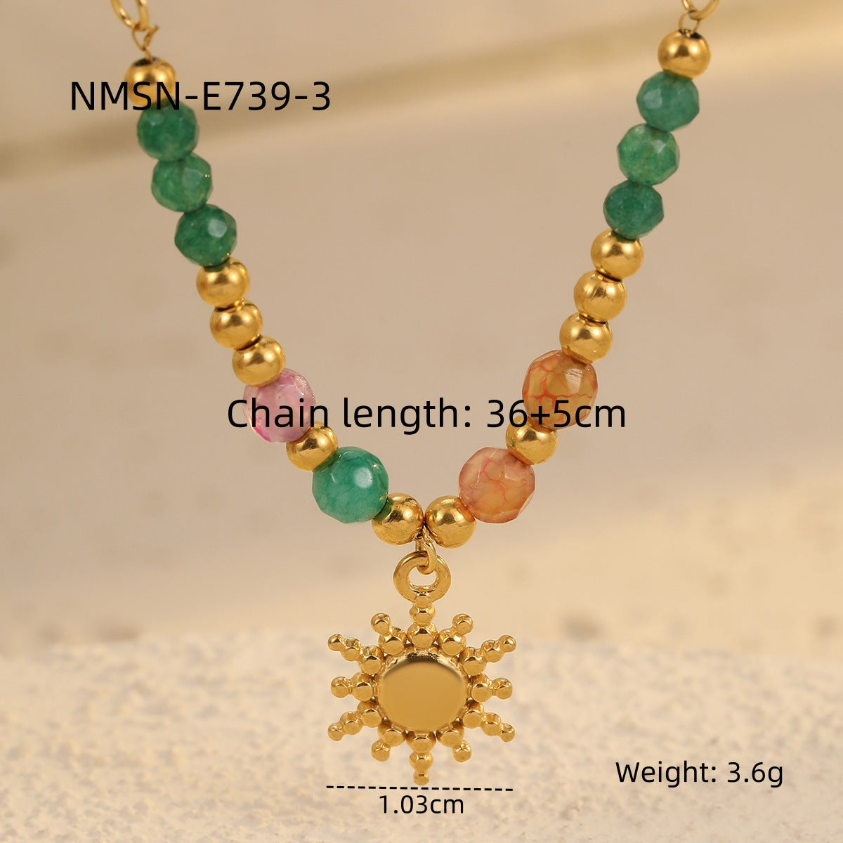 Titanium Steel Sun Cross Pendant Beaded Necklace