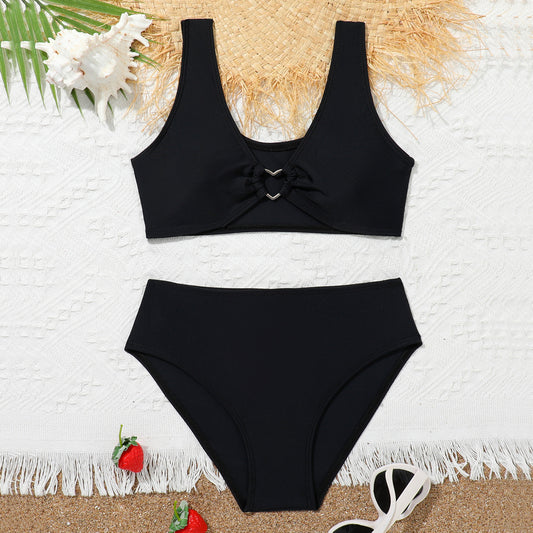 Girls' Split High Waist Medium And Large Children's Swimsuit With Chest Pad